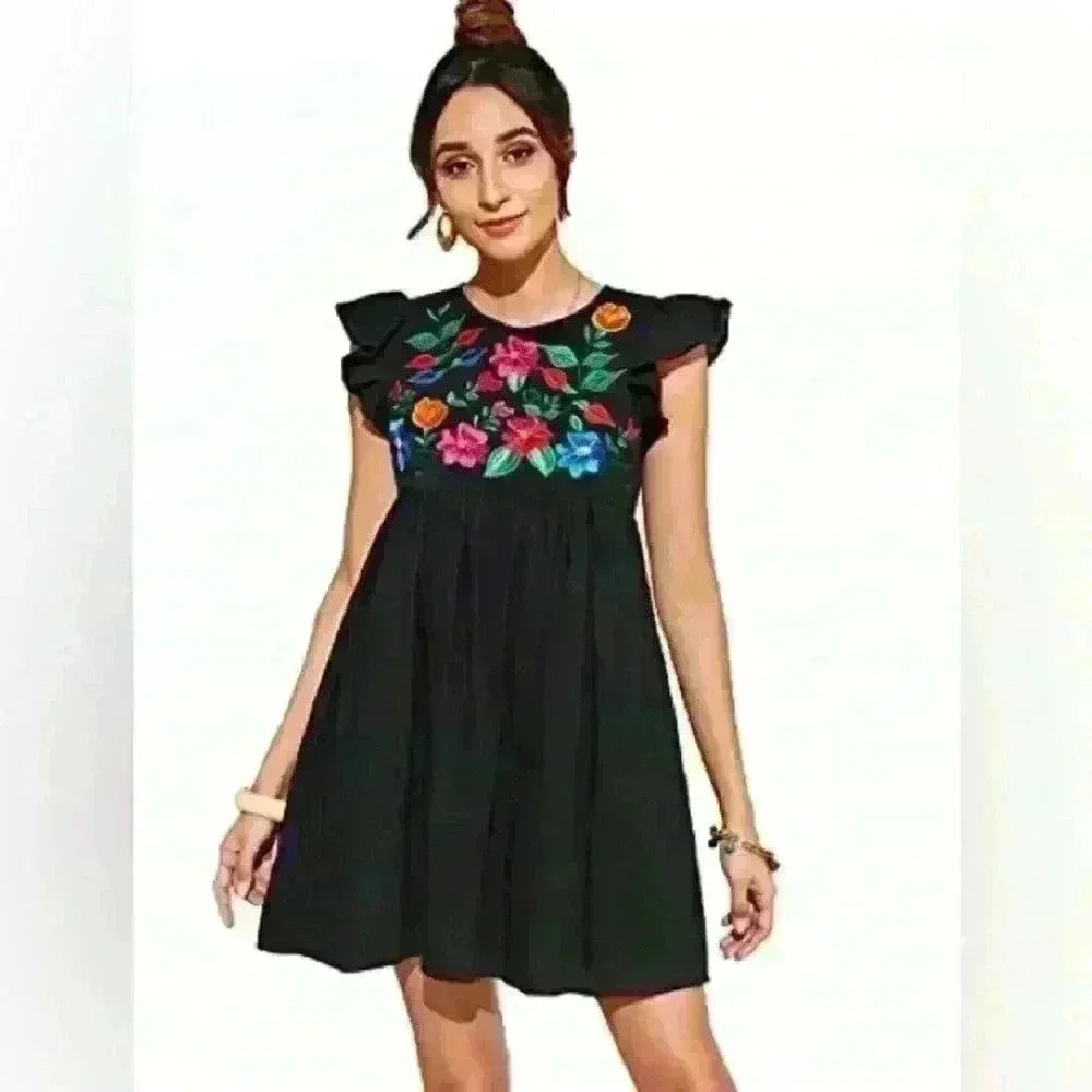 Boho Black Floral Embroidered 100% Cotton Mini Dress Size Large - Picture 2 of 9